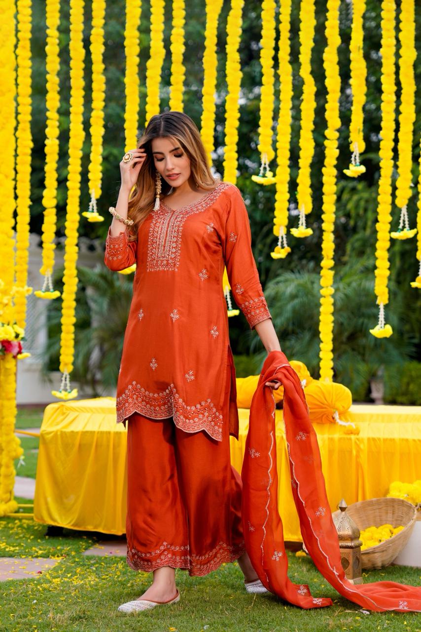 Deep Orange Scallop Hem Kurta with Pants Set
