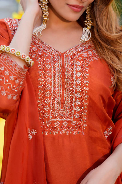 Deep Orange Scallop Hem Kurta with Pants Set