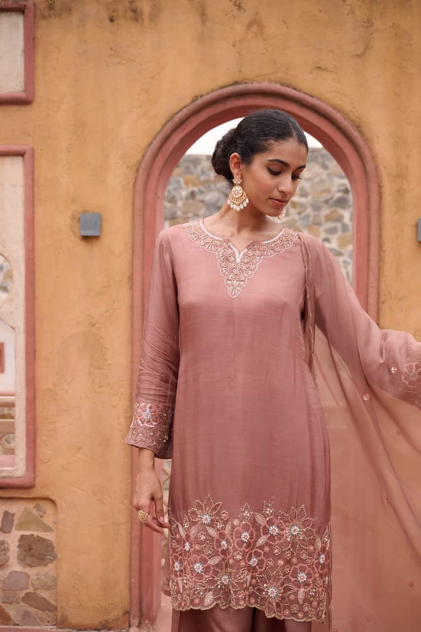 Onion Pink Straight Kurta with Palazzo Pants