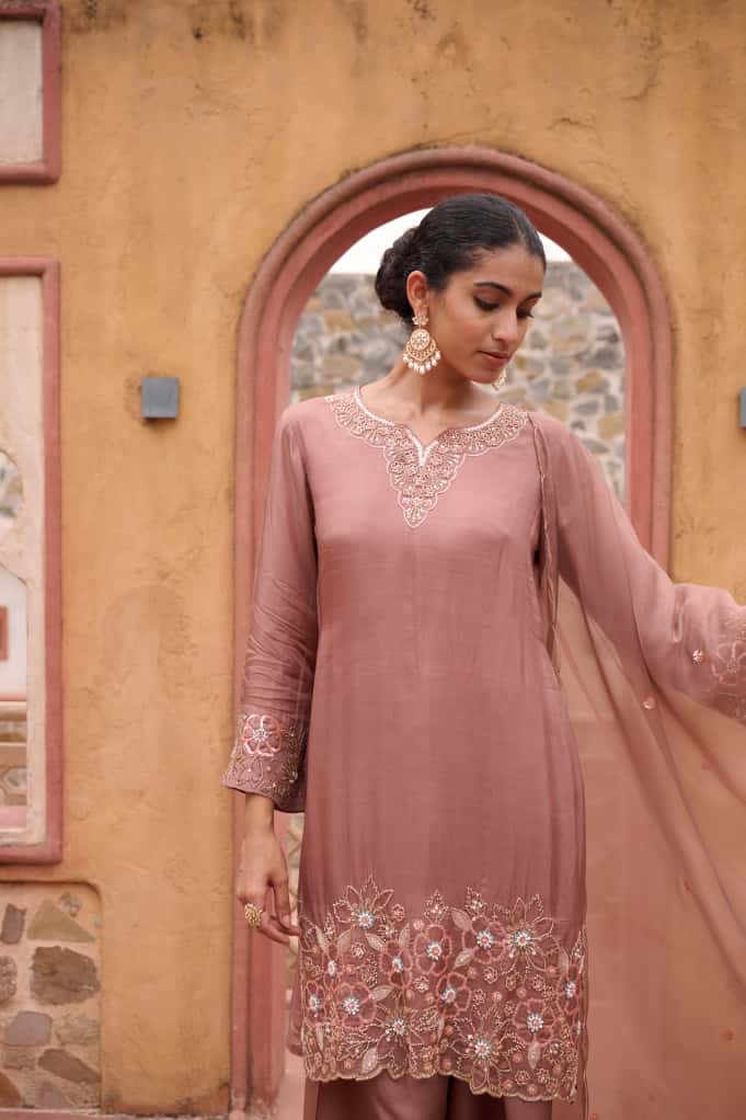 Onion Pink Straight Kurta with Palazzo Pants