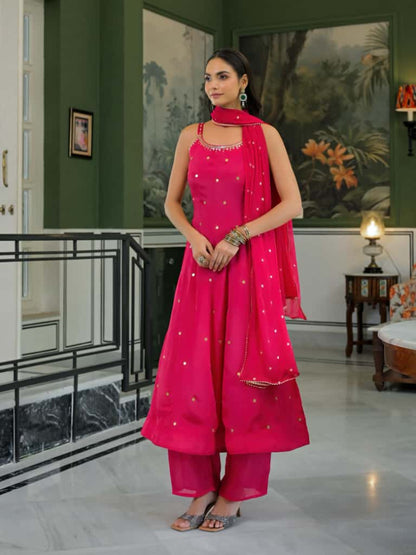 Hot Pink Strap Anarkali Suit with Pants