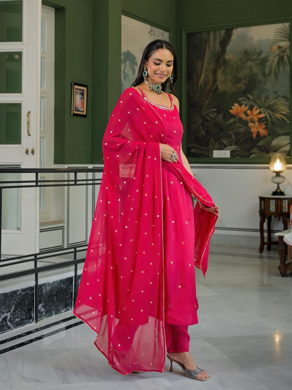 Hot Pink Strap Anarkali Suit with Pants