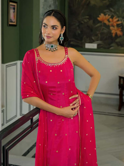 Hot Pink Strap Anarkali Suit with Pants