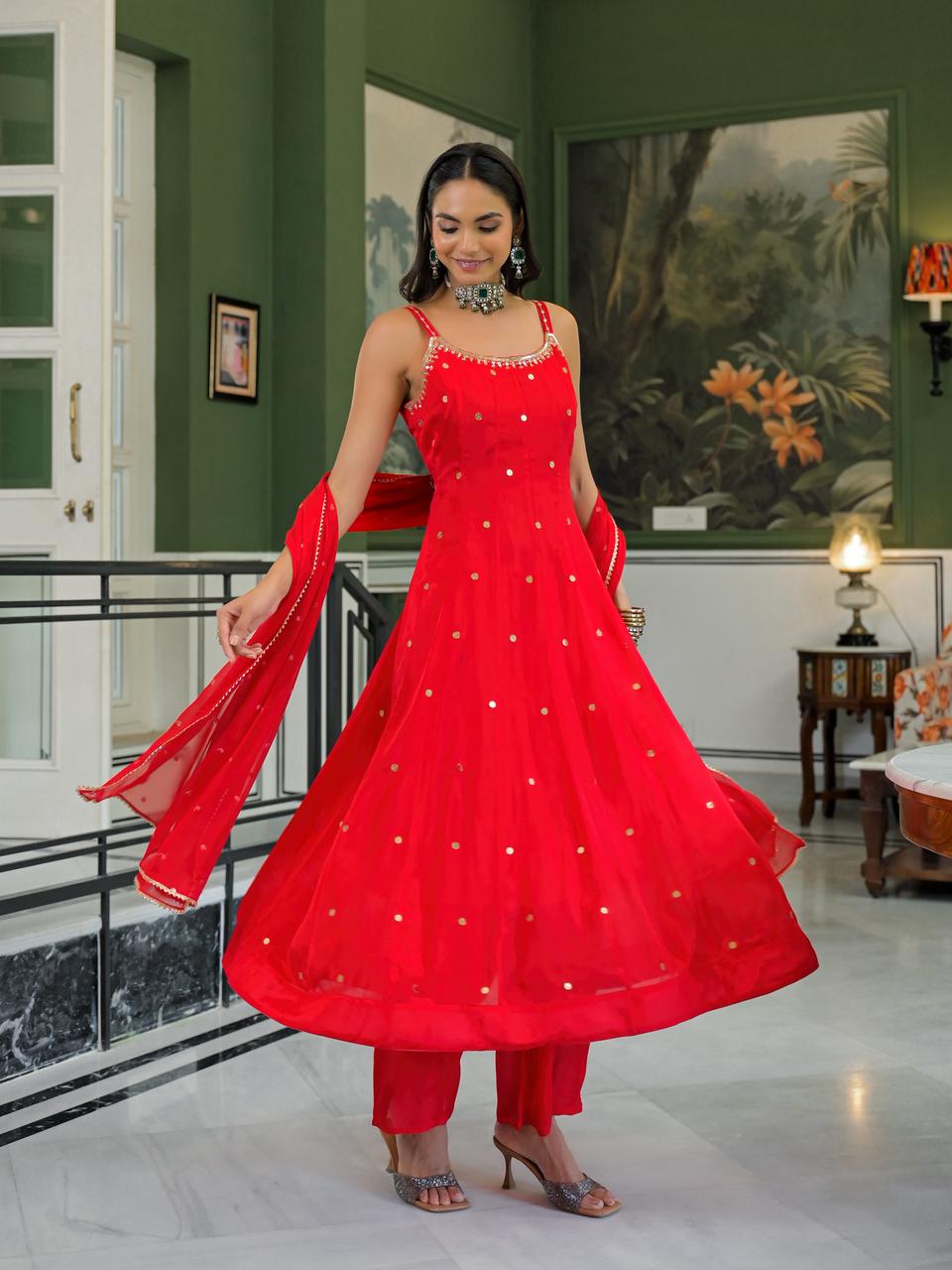 Hot Red Strappy Anarkali Suit with Pants