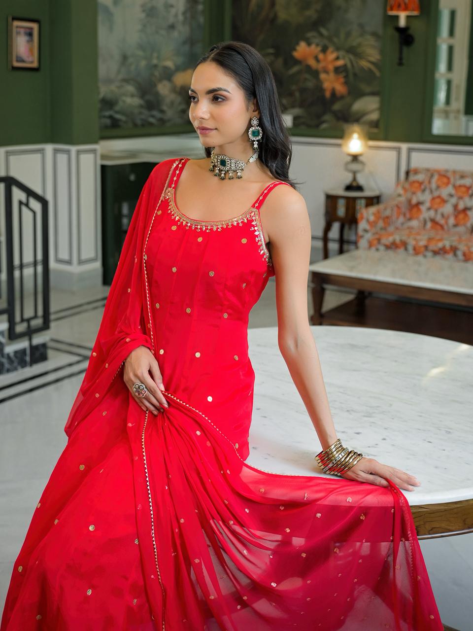Hot Red Strappy Anarkali Suit with Pants