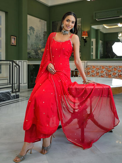 Hot Red Strappy Anarkali Suit with Pants