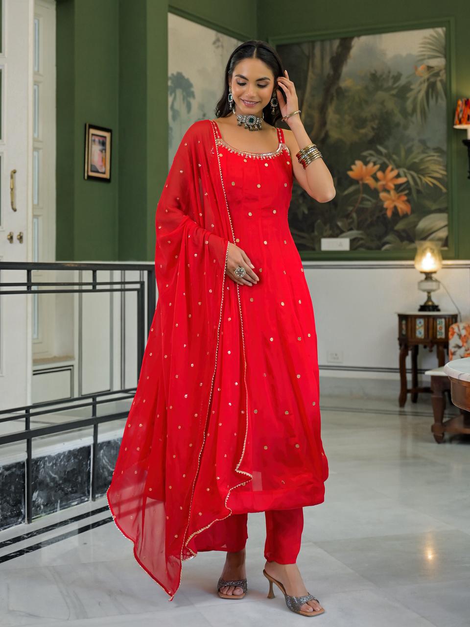 Hot Red Strappy Anarkali Suit with Pants