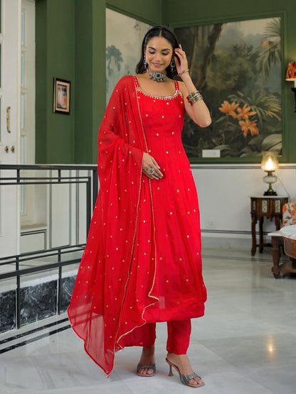 Hot Red Strappy Anarkali Suit with Pants