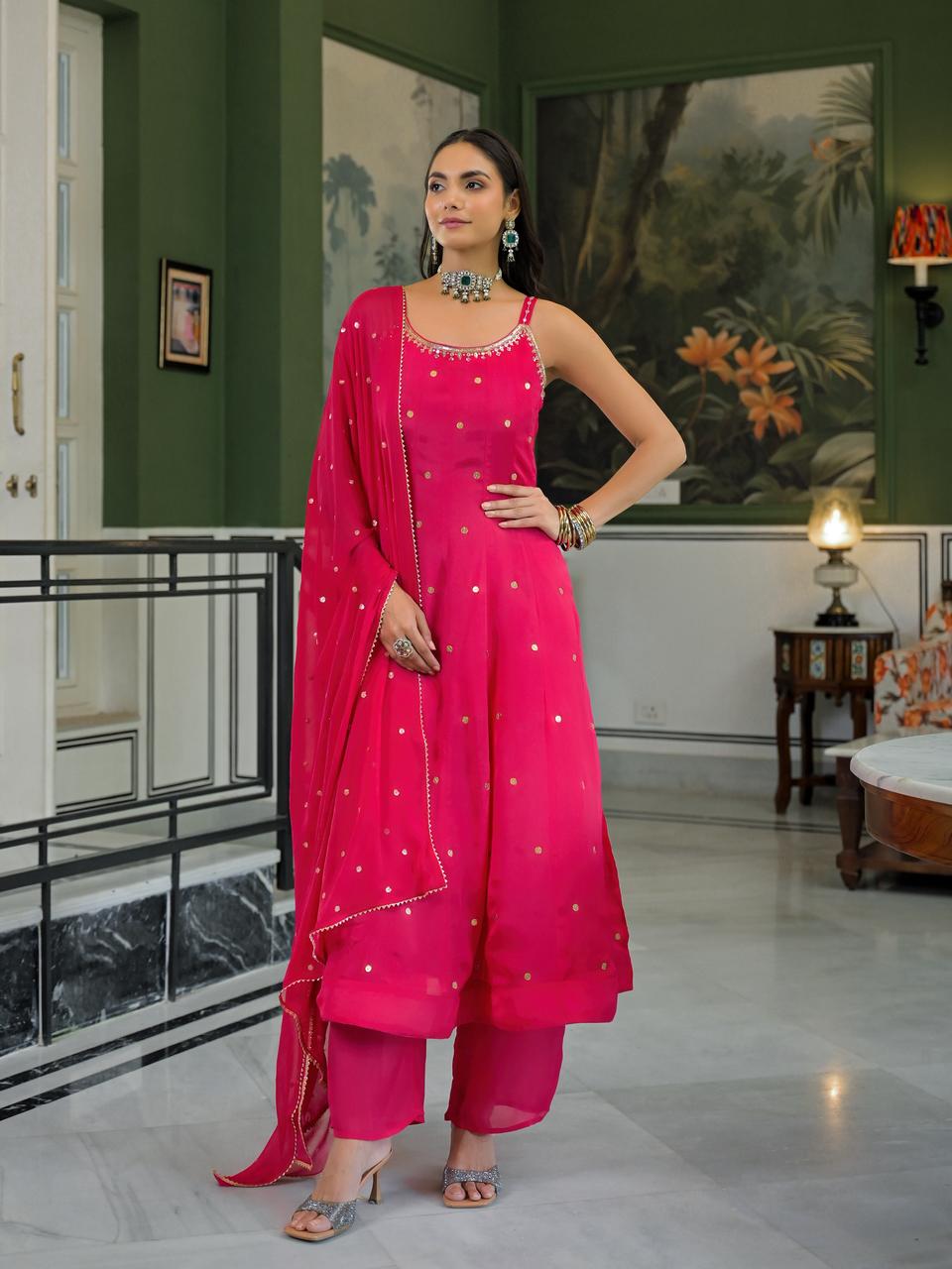 Hot Pink Strap Anarkali Suit with Pants