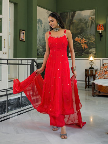 Hot Red Strappy Anarkali Suit with Pants