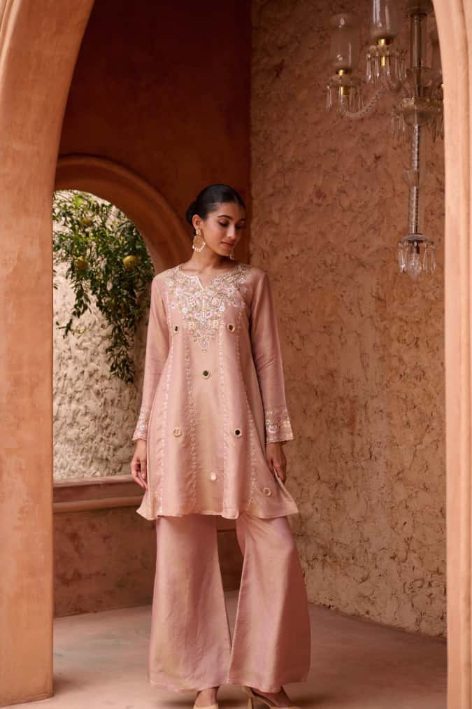 Onion Pink Shimmer Short Kurta with Palazzo Dupatta Set