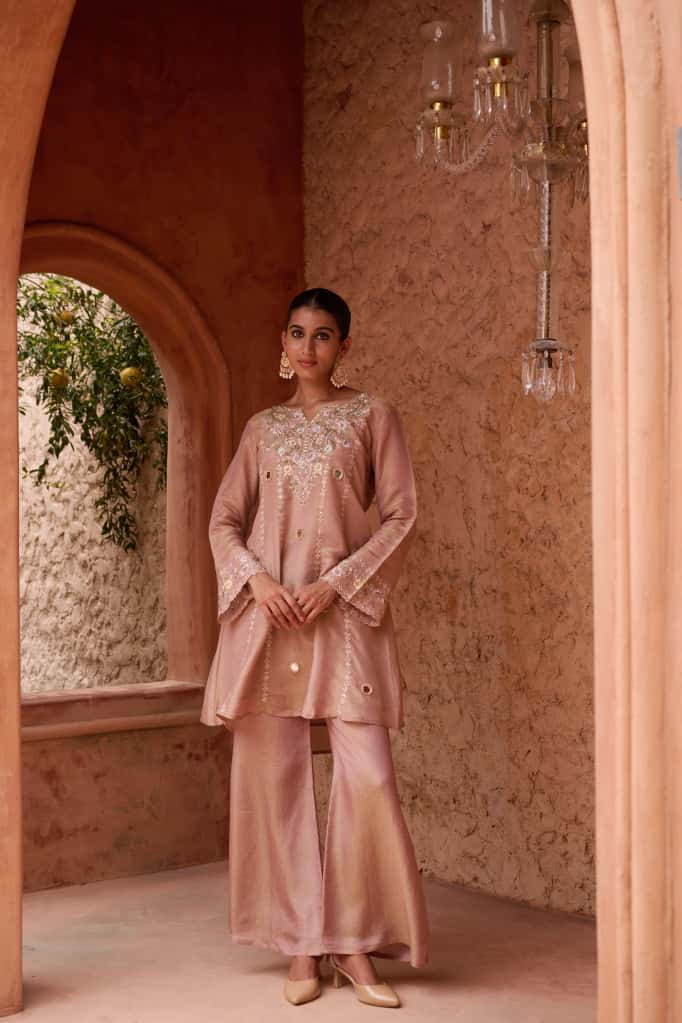 Onion Pink Shimmer Short Kurta with Palazzo Dupatta Set