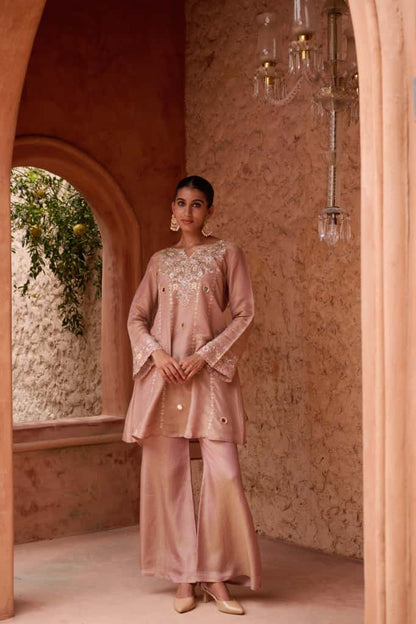 Onion Pink Shimmer Short Kurta with Palazzo Dupatta Set