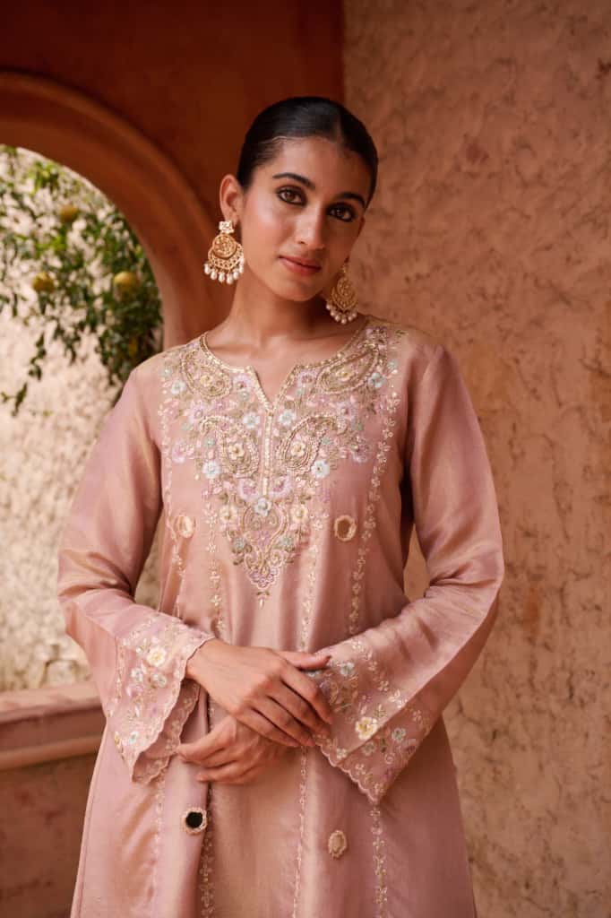 Onion Pink Shimmer Short Kurta with Palazzo Dupatta Set