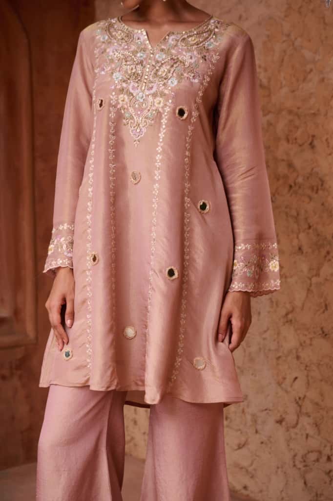 Onion Pink Shimmer Short Kurta with Palazzo Dupatta Set