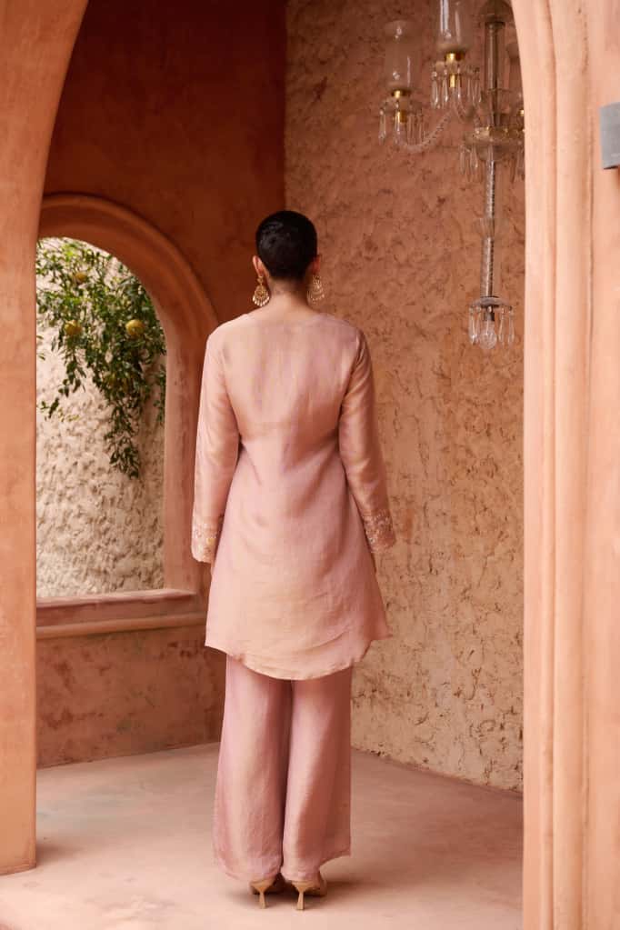 Onion Pink Shimmer Short Kurta with Palazzo Dupatta Set
