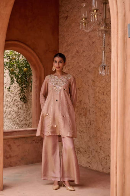 Onion Pink Shimmer Short Kurta with Palazzo Dupatta Set