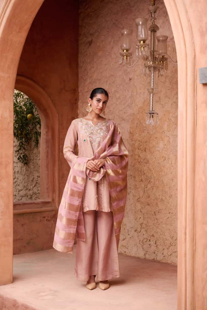 Onion Pink Shimmer Short Kurta with Palazzo Dupatta Set