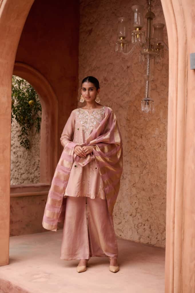 Onion Pink Shimmer Short Kurta with Palazzo Dupatta Set