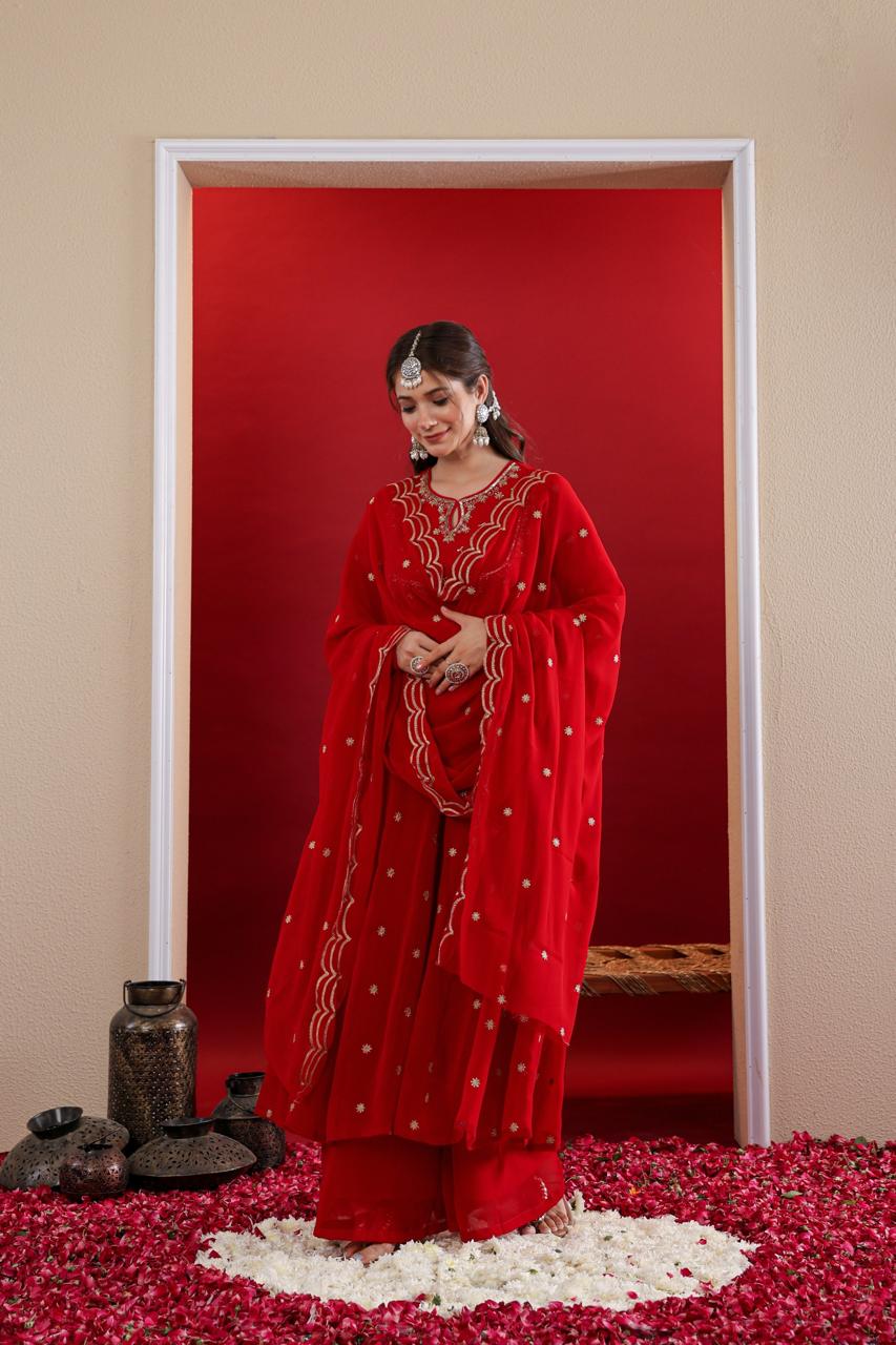 Deep Red Long Kurta with Pants Set