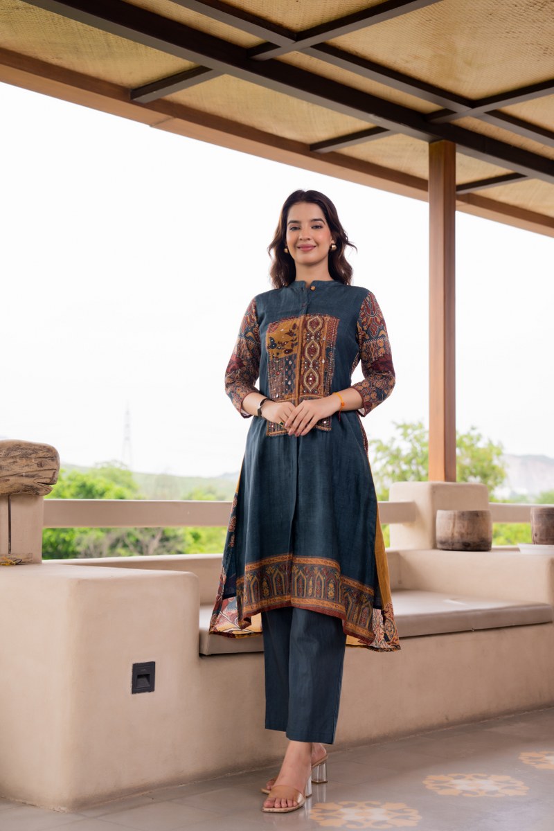 Dark Blue Hi-Low Kurta Pants Set