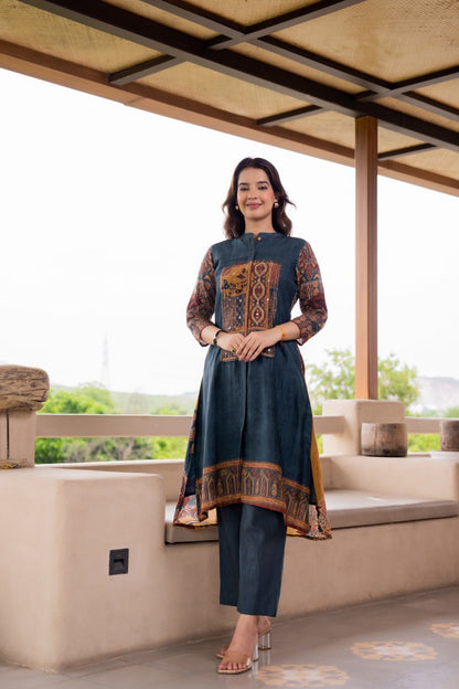 Dark Blue Hi-Low Kurta Pants Set