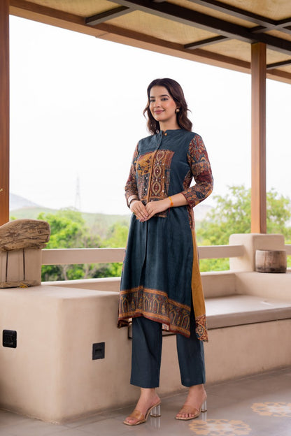 Dark Blue Hi-Low Kurta Pants Set