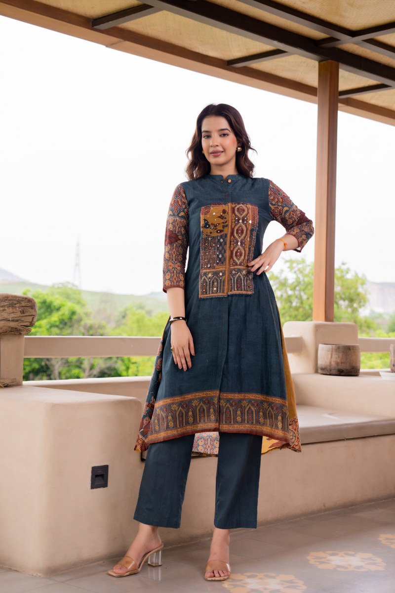 Dark Blue Hi-Low Kurta Pants Set