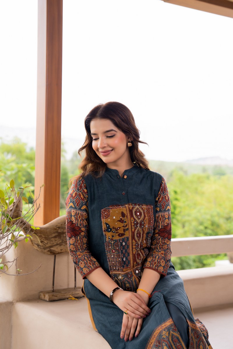 Dark Blue Hi-Low Kurta Pants Set