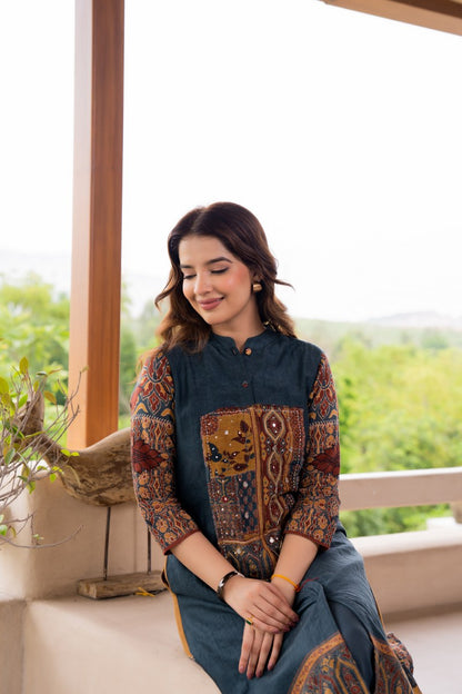 Dark Blue Hi-Low Kurta Pants Set