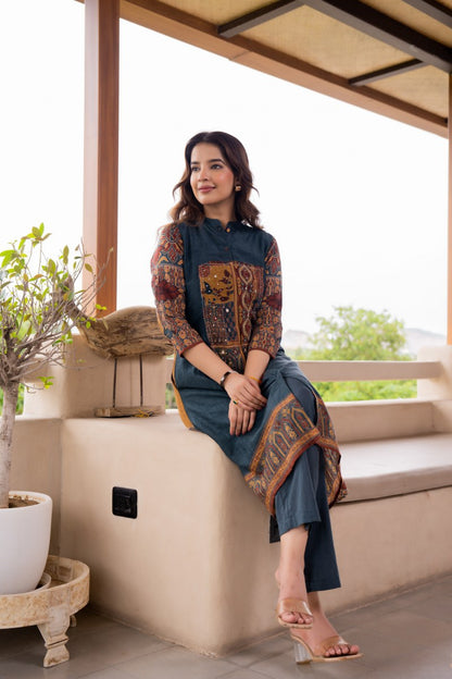 Dark Blue Hi-Low Kurta Pants Set