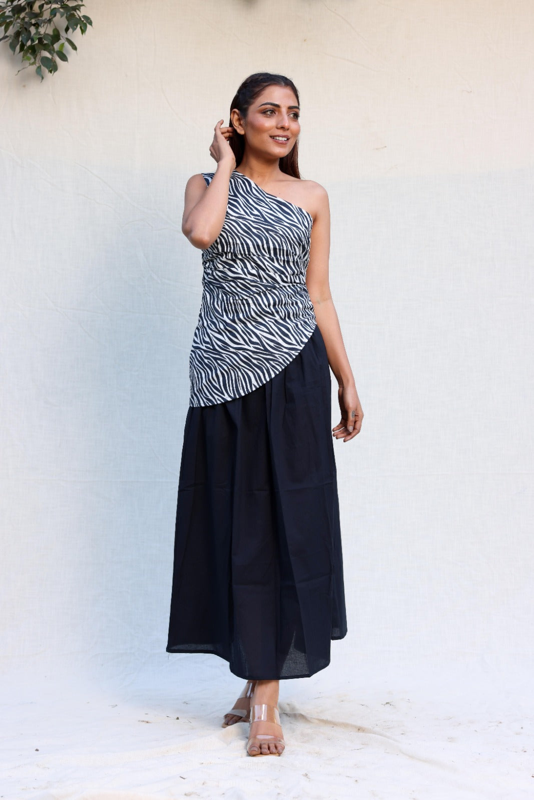 Black skirt with one shoulder zebra print top set