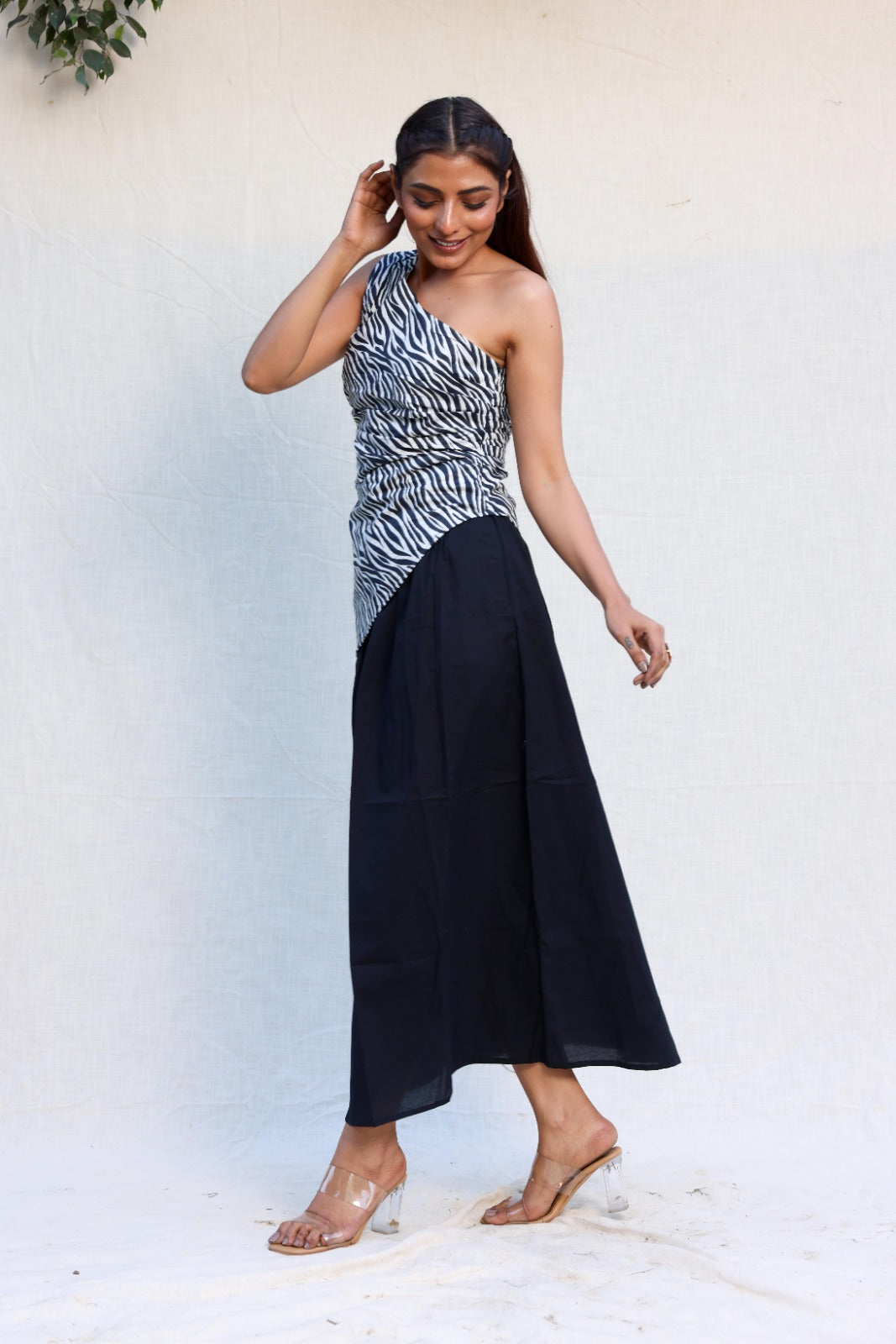 Black skirt with one shoulder zebra print top set