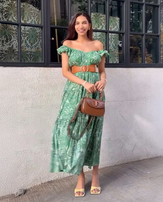 Green printed ruffle sleeve tier maxi