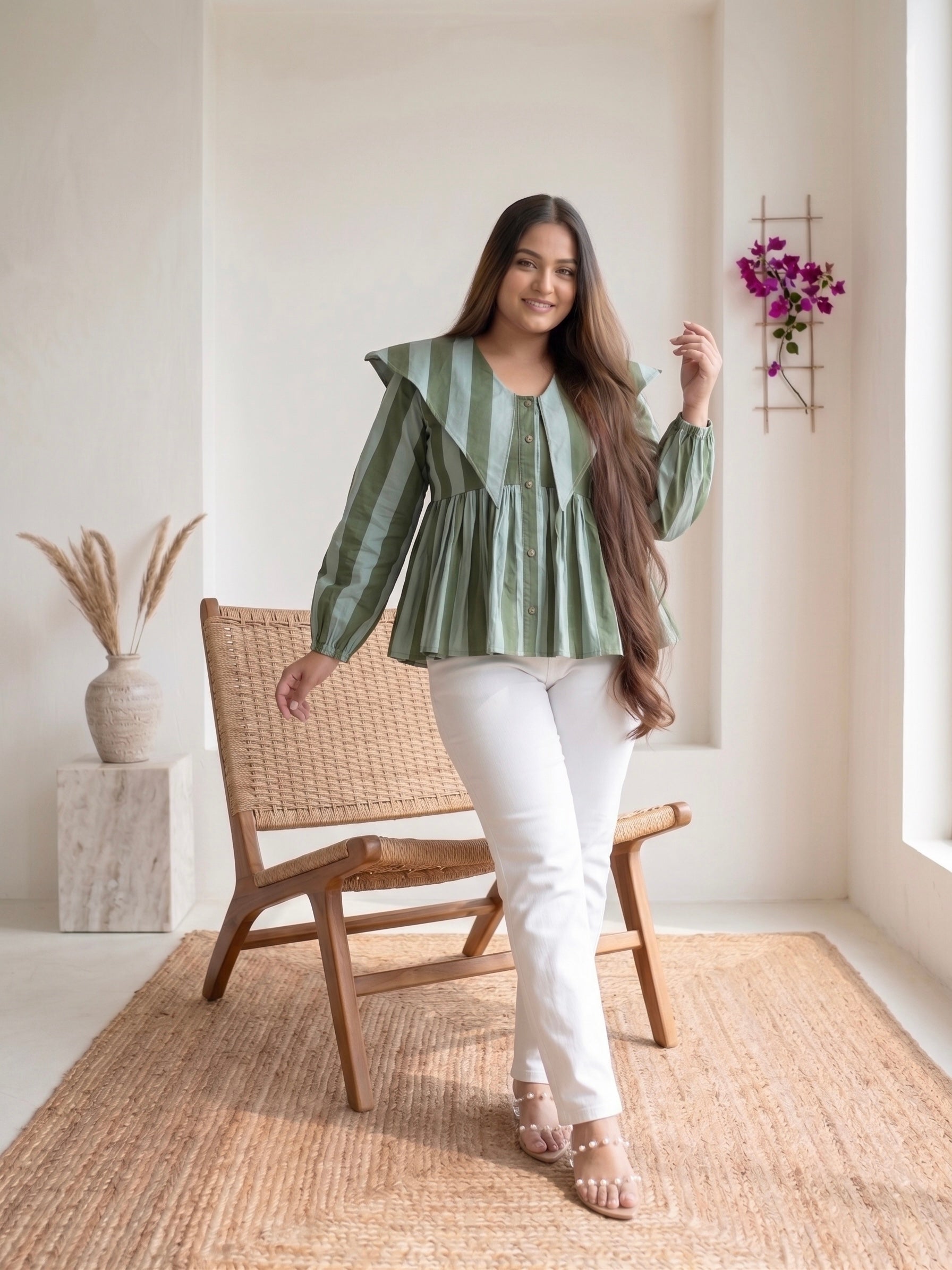 Sage Green Striped Ruffle Collar Peplum Top Moonstruck