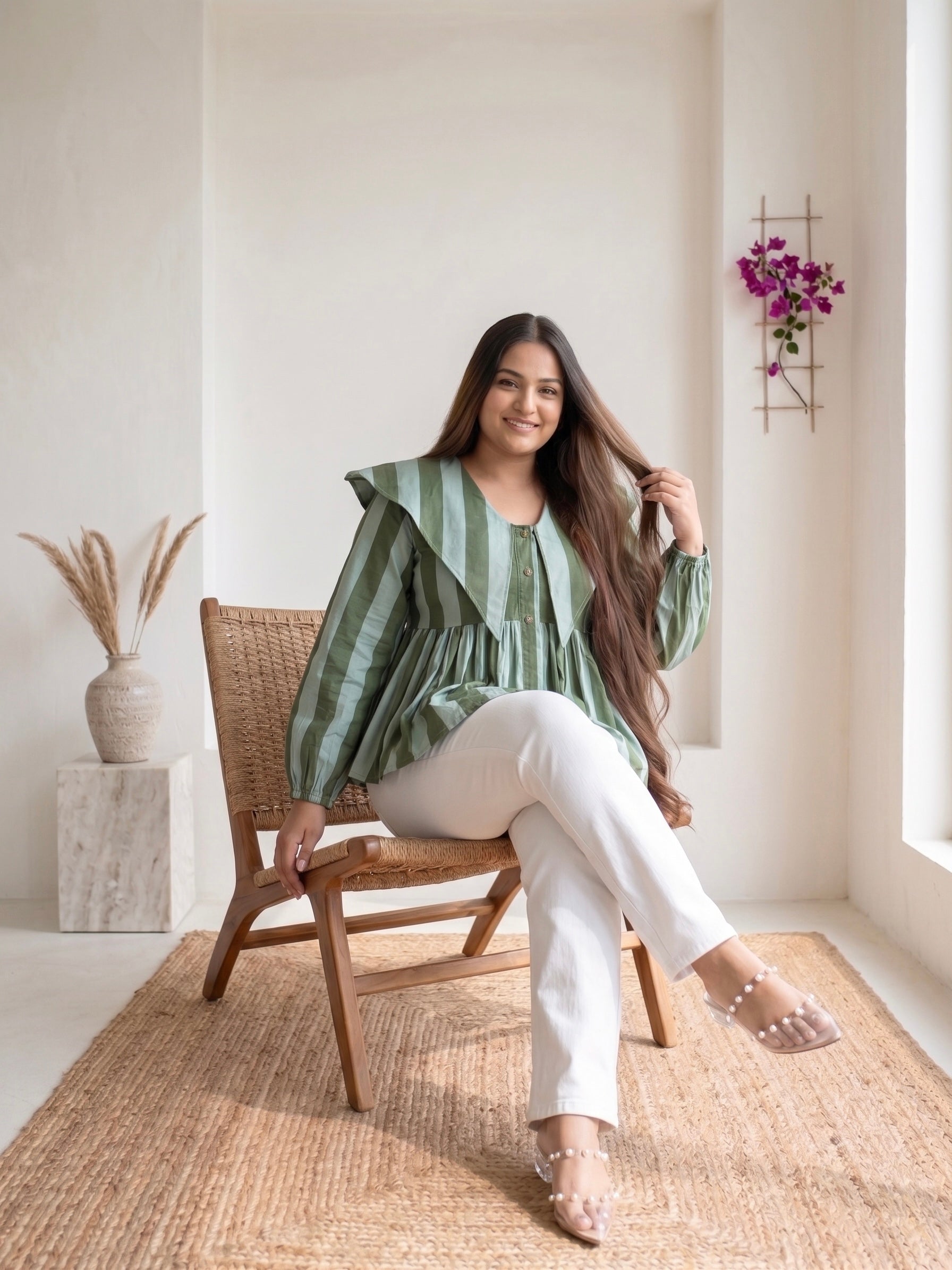 Sage Green Striped Ruffle Collar Peplum Top Moonstruck
