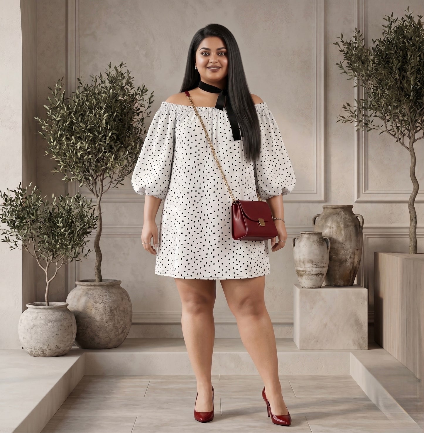 White  Polka Printed Off-Shoulder Fit & Flare Mini Dress Moonstruck