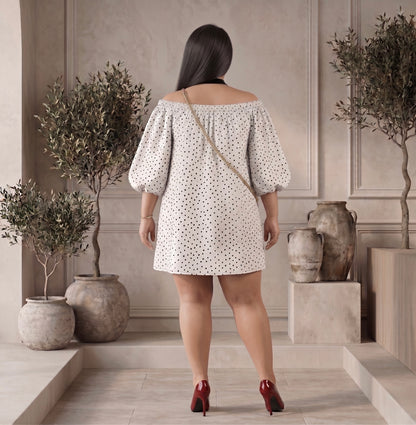 White  Polka Printed Off-Shoulder Fit & Flare Mini Dress Moonstruck