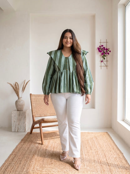 Sage Green Striped Ruffle Collar Peplum Top Moonstruck
