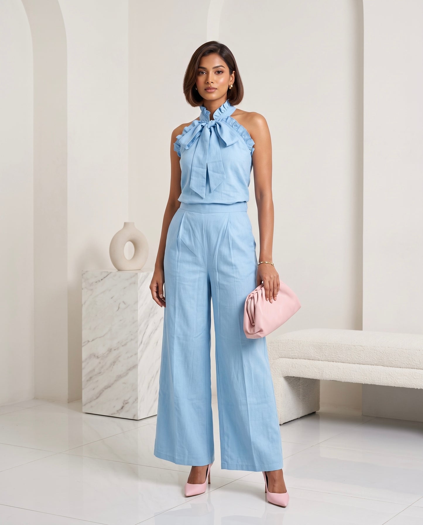 Sky Blue Ruffle Halter Neck Top & Wide Leg Trouser Co-Ord Set Moonstruck