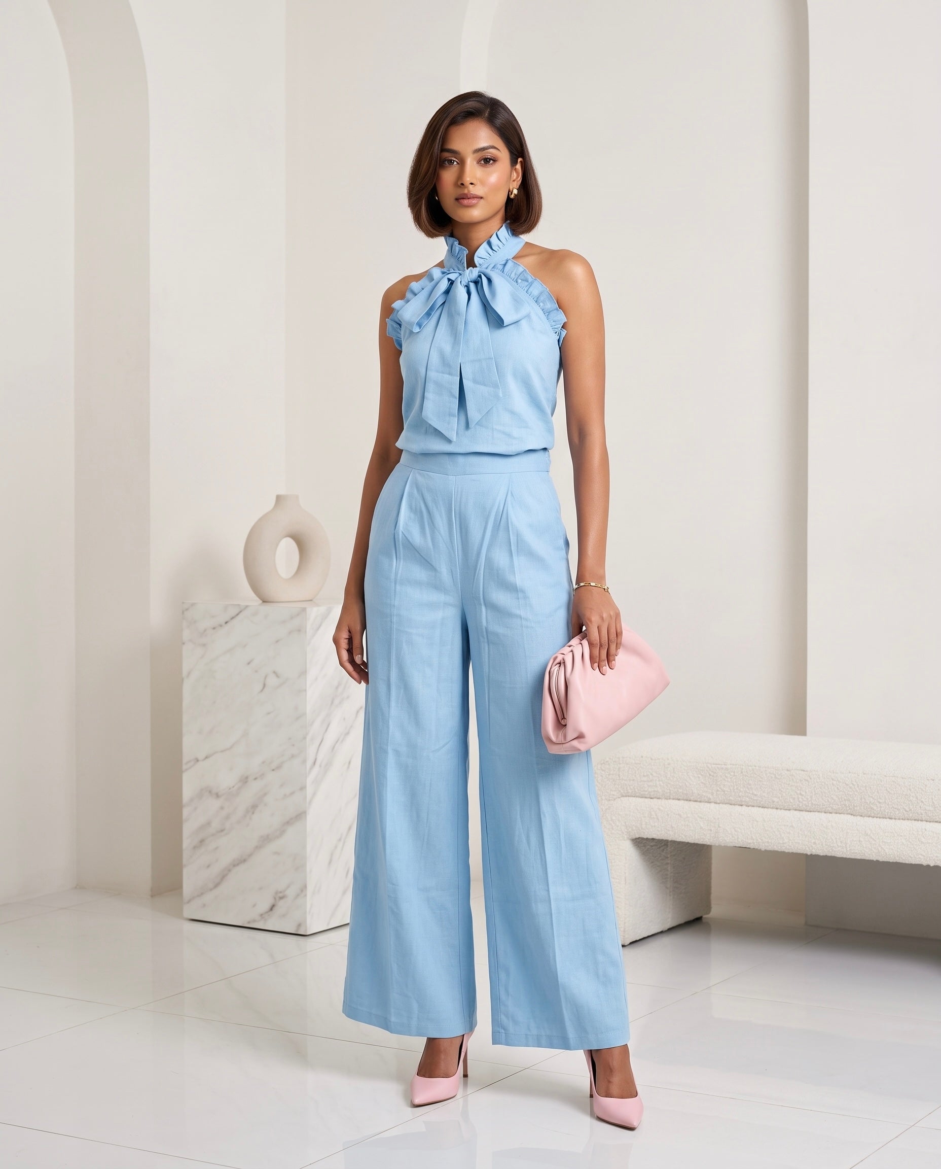Sky Blue Ruffle Halter Neck Top & Wide Leg Trouser Co-Ord Set Moonstruck