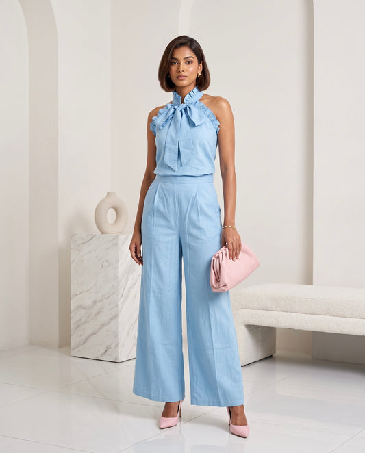 Sky Blue Ruffle Halter Neck Top & Wide Leg Trouser Co-Ord Set Moonstruck