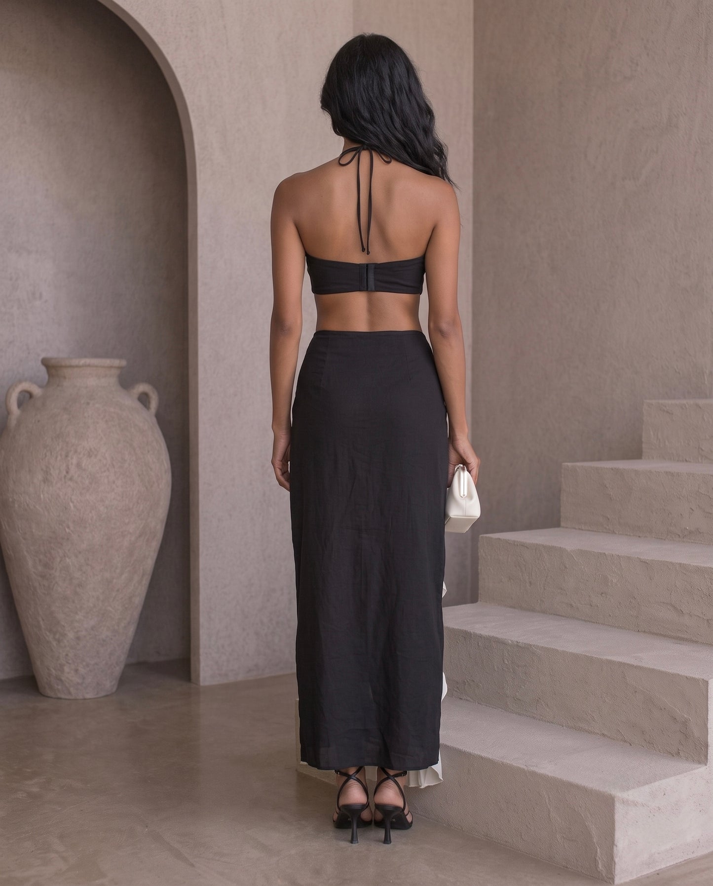 Black Two-Piece Floral Co-ord Set with Contrast Ruffled Maxi Skirt Moonstruck