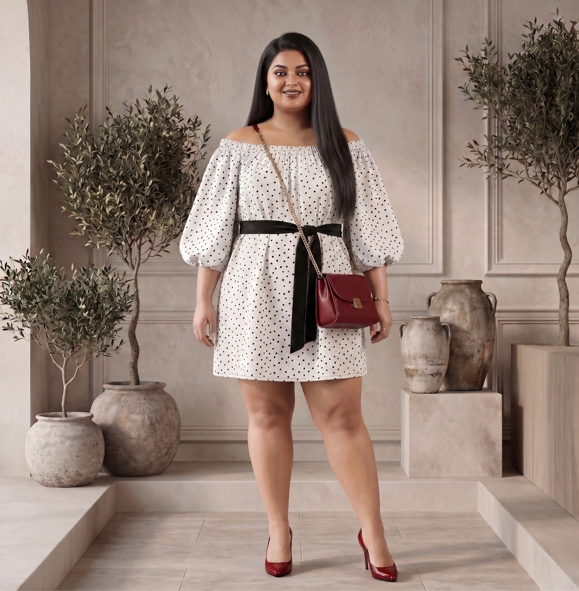 White  Polka Printed Off-Shoulder Fit & Flare Mini Dress Moonstruck