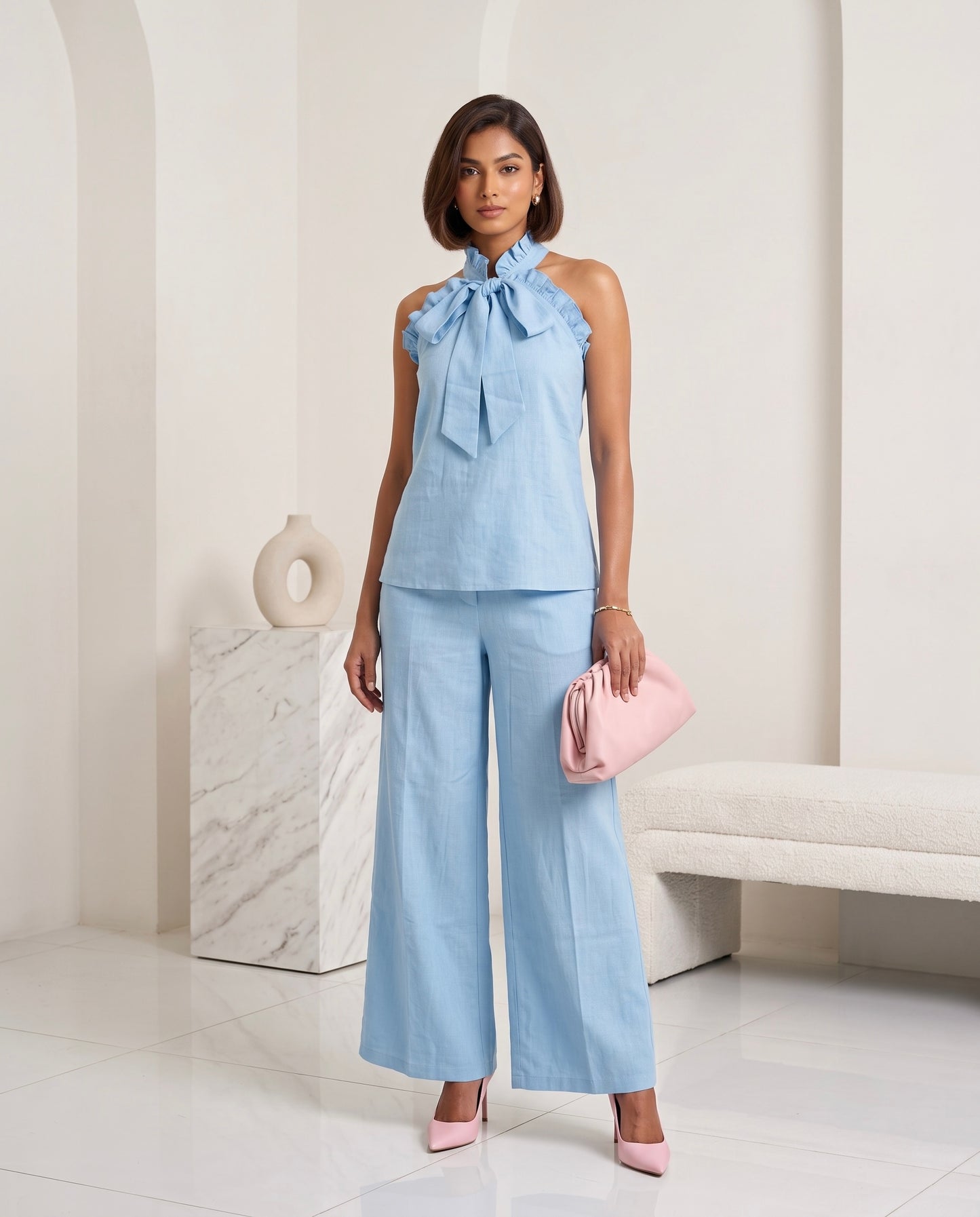 Sky Blue Ruffle Halter Neck Top & Wide Leg Trouser Co-Ord Set Moonstruck