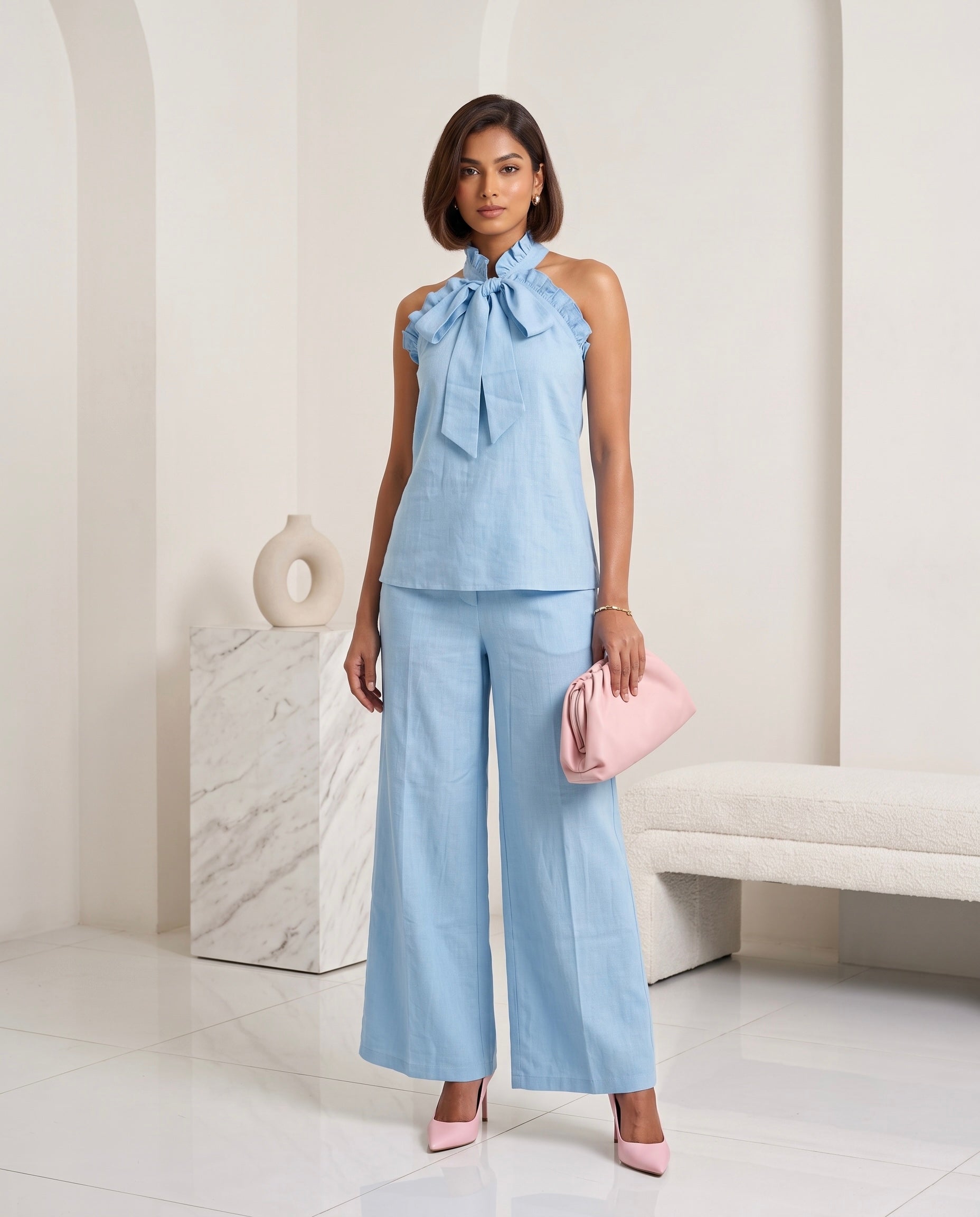 Sky Blue Ruffle Halter Neck Top & Wide Leg Trouser Co-Ord Set Moonstruck