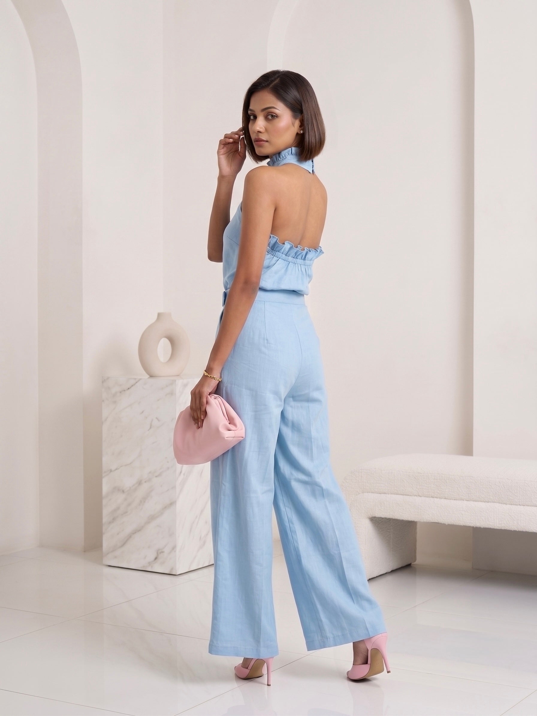 Sky Blue Ruffle Halter Neck Top & Wide Leg Trouser Co-Ord Set Moonstruck