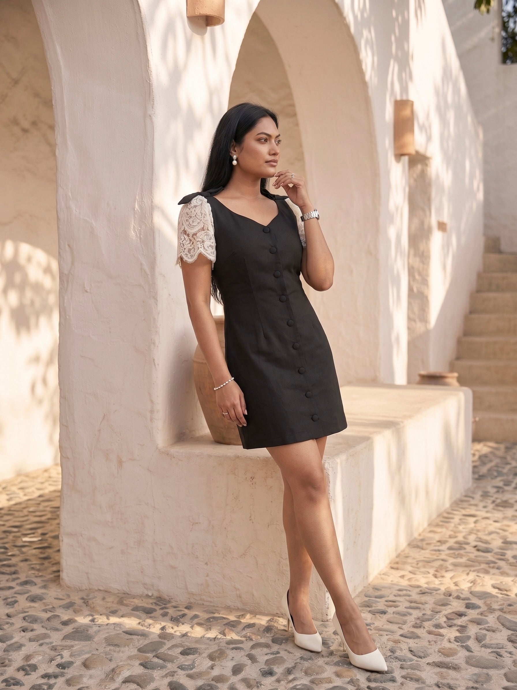 Black Button-Down Mini Dress with Contrast Lace Flutter Sleeves MoonStruck