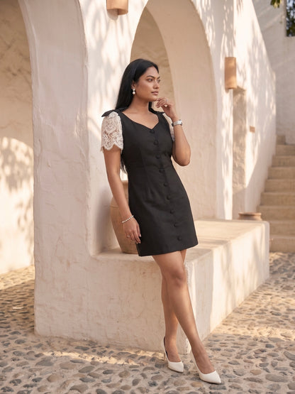 Black Button-Down Mini Dress with Contrast Lace Flutter Sleeves MoonStruck