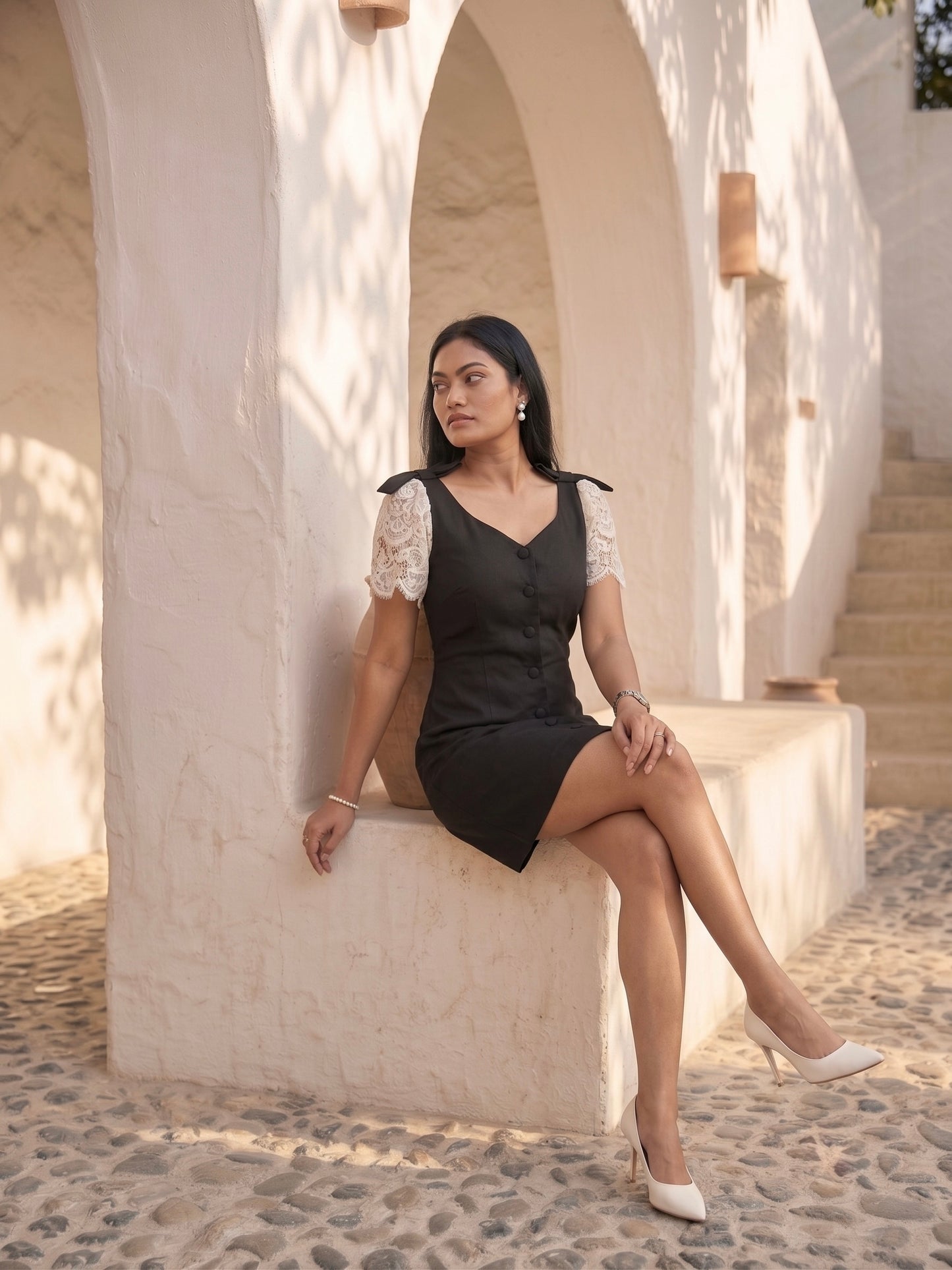 Black Button-Down Mini Dress with Contrast Lace Flutter Sleeves MoonStruck